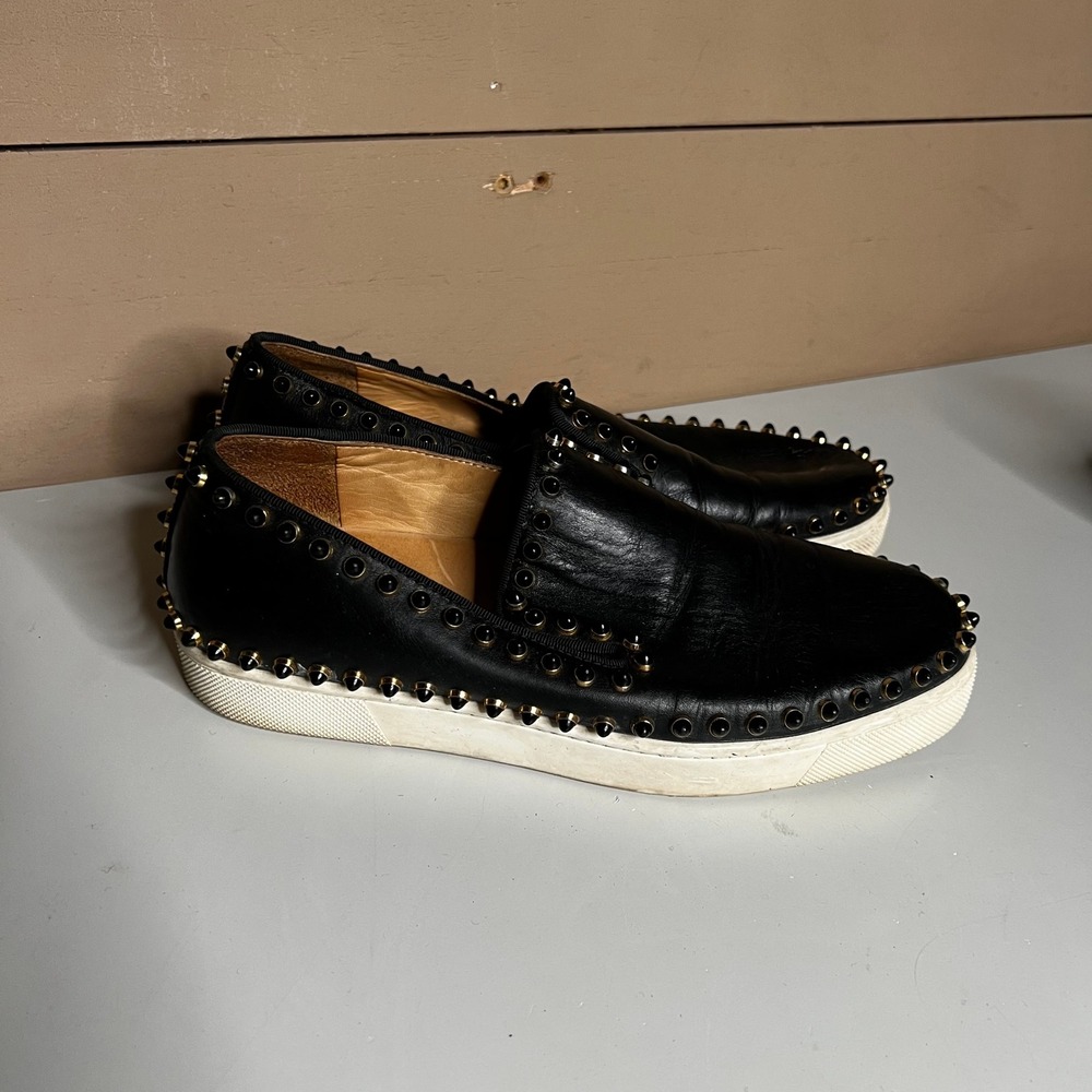 Christian Louboutin Roller Boat Black Leather Spiked‎ Slip On Sneakers 37.5